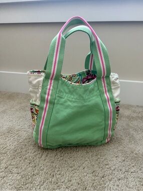 Vera Bradley Green Canvas Tote Bag with Pink Trim